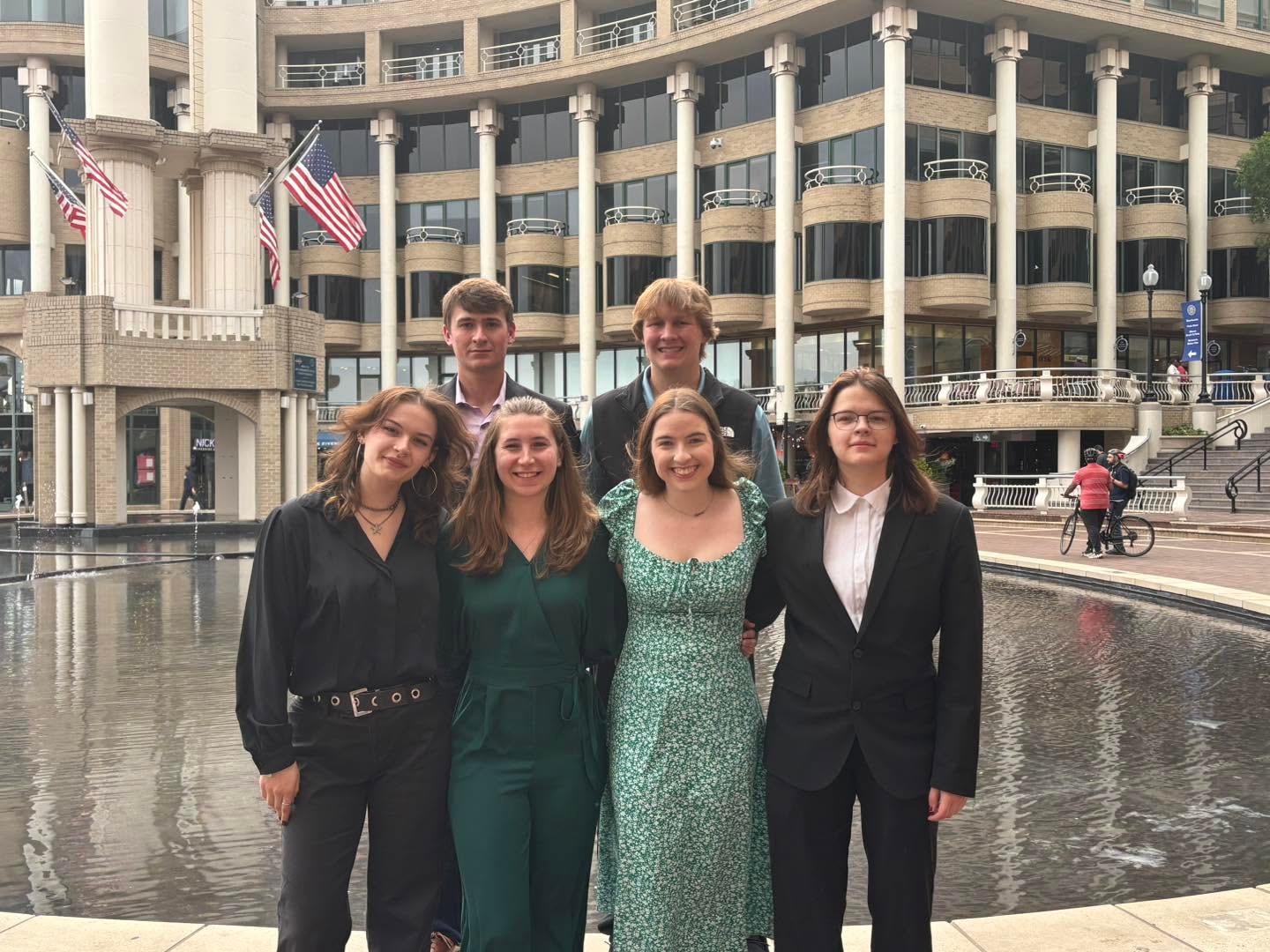 Six SD Farmers Union students at an urban plaza